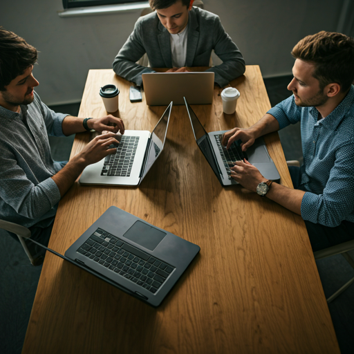 Modern collaborative workspace where a small group of professionals are engaged in a calm discussion around a wooden table with laptops.