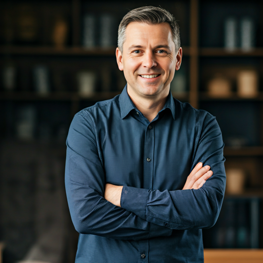 Portrait of a business owner in a casual professional setting, looking confident and smiling.